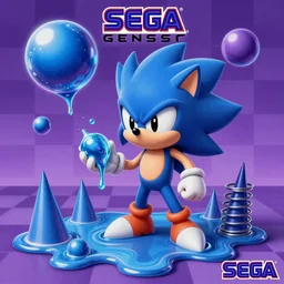 surreal, sharp, detailed professional, high quality airbrush art mgmt album cover of a liquid dissolving lsd dmt blue sonic the hedgehog with spheres, cones, springs, purple checkerboard background, 1 9 9 0 s 1 9 9 2 sega genesis video game album cover