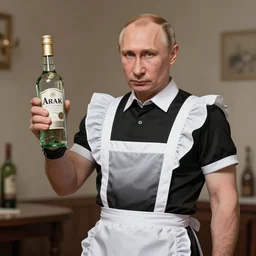 Vladimir Putin dressed as a sexy maid holding a bottle of arak, digital art, hyper detailed