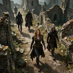 a badass warrior and a rogue and a hunter walking through the eldritch ruins of a medieval town, top down, photorealistic movie still by michael komarck, greg rutkowski, victo ngai, artgerm, willem claesz heda and j. dickenson