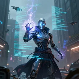 cyberpunk android sorcerer casting a magical spell inside a simulation, magic lines of code in the air, special effects, lens flare, cinematic lighting, atmosphere, sparks, energy, digital world, higly detailed, futuristic street, flying drones, foggy weather, apartments, artstation, art by eddie mendoza and leif heanzo