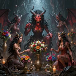 An epic fantastic realism comic book style painting of the hellscape environment with beautiful angry demon creatures, exquisite bouquets from an demoniac culture, fisheye, unreal 5, DAZ, hyperrealistic, octane render, dynamic lighting