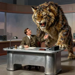 high fantasy 1 9 8 0's wargame airbrushed artwork - inspired octane render, a vintage news man in a vintage suit sitting at a silver desk in a 1 9 6 0's news studio being attacked by a giant monstrous wildcat beast