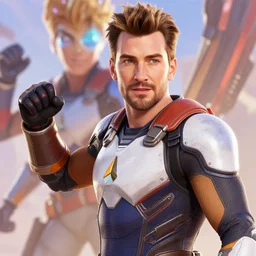 Chris Evans as a character in the game Overwatch, with a background based on the game Overwatch, detailed face, action shot