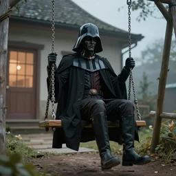 Darth sad sitting in on a swing in front of his home, 8k