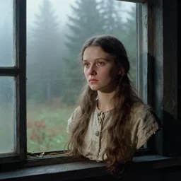 portrait bust of young woman looking out, solemn expression, faded color film, russian cinema, tarkovsky, kodachrome, old cabin, next to window, heavy forest outside, long brown hair, cloth, heavy fog, hudson river school, 4 k, dramatic lighting, greg rutkowski