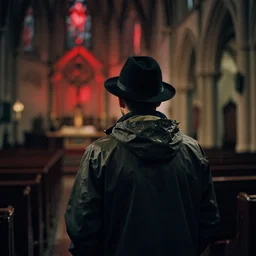 analog photograph of a man from the back wearing a raincoat and a hat inside a church at night by mark owen. red lights. bokeh. cinematic. hq. detailed. contrast. cinestill 8 0 0 t