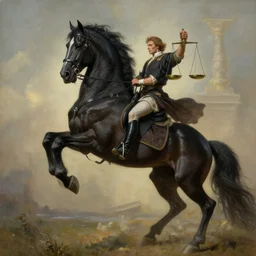 the singular horseman of the apocalypse is riding a strong big black stallion, horse is up on its hind legs, the strong male rider is carrying the scales of justice, beautiful artwork by artgerm and rutkowski, breathtaking, beautifully lit, dramatic