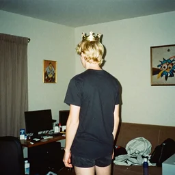 kodak ultramax 4 0 0 photograph of a blonde guy wearing a crown standing in a cluttered 9 0 s room, back view, grain, faded effect, vintage aesthetic, vaporwave!!, 9 0 s vibe,