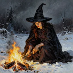 ultra realistic portrait painting of a witch in the snow by a fire, art by frank frazetta, vintage levi ’ s ad, stormy weather, dark vibes, 4 k, ultra realistic, highly detailed, epic lighting