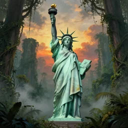 statue of liberty reclaimed by the jungle , surrounded by tall vines in oversized misty jungle, dramatic sunset and dramatic sky , very detailed painting by frazetta, low angle, postapocalyptic panorama.asthetics !