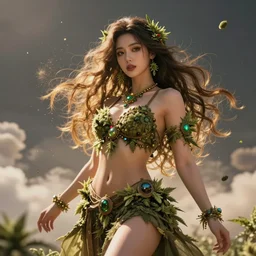 a beautiful female goddess of the weed character, character is in all its glory, character is in her natural relaxed pose, rim lights, particles and dust in the air, fancy clouds, highly detailed professional photo, dynamic lights, particles are flying, depth of field, trending on artstation, professional illustration, hyper realistic, vray caustics, super detailed, colorful accents, cinematic shot