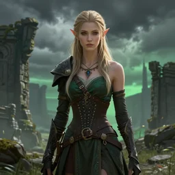 portrait of a slim elf from dragon age inquisition, ancient ruins in background, storm sky, gradient gray to green, by nick thornborrow, digital portrait, high detailed, smooth, sharp illustration