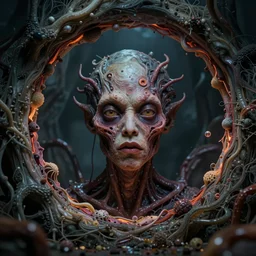 realistic portrait of a creature experiment gone wrong, opened portal, psychedelic, dark art, facing camera, photo realistic, detailed, 1 4 5 0, delicate, hyper realism, ultra realistic, 8 k