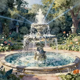 concept art of a magical fountain in a garden, pinterest, artstation trending, behance, watercolor, by coby whitmore, silver, laser light,