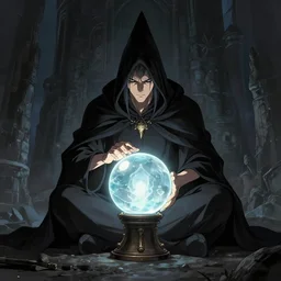 a brooding wizard sat in his tower staring deeply into a glowing crystal ball, by kim jung gi and greg rutkowski, rule of thirds