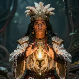 A centered portrait of a mayan shaman casting a spell, fantasy, cyberpunk, realistic