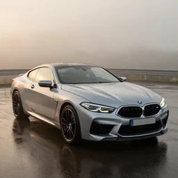 parked silver bmw m 8, fog, rain, volumetric lighting, beautiful, golden hour, sharp focus, highly detailed, cgsociety