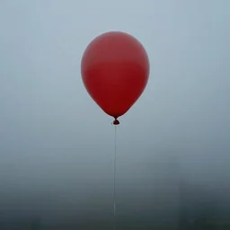a red balloon floating in the air, fog on the horizon, omnious, zdzislaw beksinski