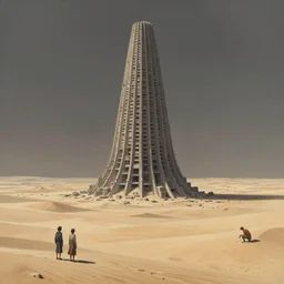 a desolate vast infinite desert landscape with a lonely looming highly detailed greebled brutalist tower of babel monolith in the center, drawn by tsutomu nihei and painted by zdzislaw beksinski