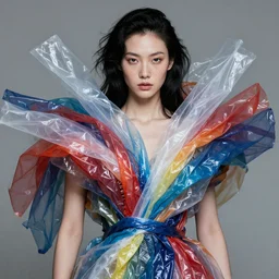 half body portrait of juliana, in an outfit made from plastic bags, black hair, freckles, pale skin, photo by greg rutkowski, high fashion, androgyn beauty, intricate detail, elegance, sharp shapes, soft lighting, vibrant colors, masterpiece