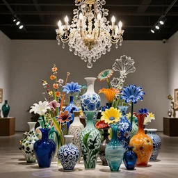 abstract large scale glass sculpture made of intricate murano glass vases, ceramics featuring colorful flora, glass chandelier by Dale Chihuly, top lit, 4K, trending in behance, wide angle shot, bokeh