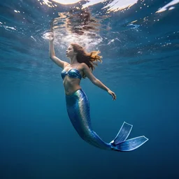 mermaid breaking the surface of the water, underwater photography with light scattering and water refractions, smooth