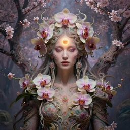 psychedelic organic shaman, made of orchids and cherry blossom trees, diffuse lighting, fantasy, intricate, glowing third eye, highly detailed, photorealistic, digital painting, artstation, beautiful woman, concept art, smooth, sharp focus, by john collier and albert aublet, by amanda sage