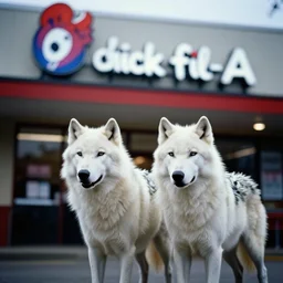 lomo photo of two white wolves standing in front of chick - fil - a, cinestill, bokeh, out of focus, dramatic lighting, detailed, grainy