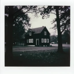 black house in the wood, monochrome, analogue photo quality, blur, unfocus, cinematic, polaroid, 35mm
