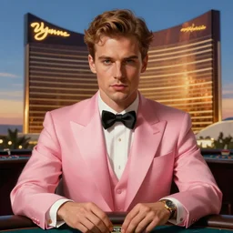Sam Hyde wearing a luxurious pink suit gambling in Las Vegas Wynn hotel, sigma male, accurately portrayed, portrait art by alphonse mucha and greg rutkowski, highly detailed, digital painting, concept art, illustration, dim lighting with twilight rays of sunlight, trending on artstation, very detailed, smooth, sharp focus, octane render, close up