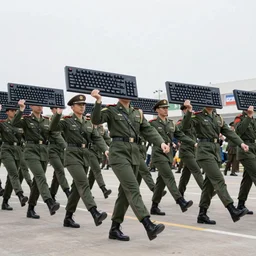 a military parade doing goose steps while holding giant keyboards, 4 k photography