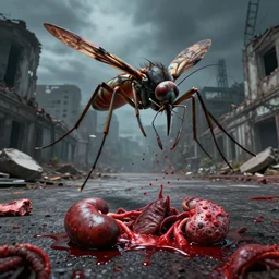 Giant mosquito monster flying in the plaza of the ruined city. Drops of blood and meat with kidneys, tumors, capillaries and lungs on the asphalt of the plaza. Ruins. Dark and red colors, high detail, hyperrealism, horror art, 8k