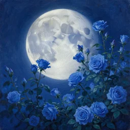 a beautiful painting of the moon fell into the blue roses bushes by greg rutkowski and thomas kinkade, trending on artstation