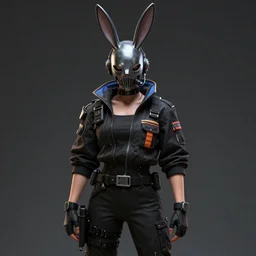 cyberpunk character in working uniform with a scull mask with bunny ears , conceptart character