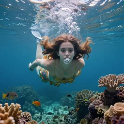 a portrait of a beautiful girl diving underwater, small bubbles from her mouth, exotic small fishes, submerged underwater, coral reef, fantasy, regal, intricate, byby stanley artgerm lau, greg rutkowski, thomas kinkade, alphonse mucha, loish, norman rockwell, ambient light, godrays, refraction