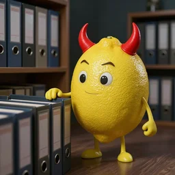 antropomorphic lemon with devil horns sorts an archive, realistic photograph, dark