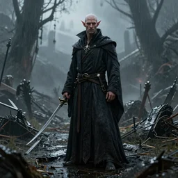 ( ( ( ( ( hyperrealist distant portrait of an dark elf in wizard robes on a rainy battlefield. ) ) ) ) ) by daniel f. gerhartz and matt stewart, fantasy, photorealistic, octane render, unreal engine, dynamic lighting, bet face, handsome drow, beautiful, perfect factions, perfect drow, trending on artstation, poster, volumetric lighting, very detailed faces, 4 k, award winning