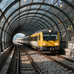 a train driving through a tunnel made from glass