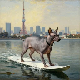 a hairless dog water skiing in tokyo, rembrandt painting, high definition
