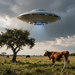 4 k wide shot, ufo abducting a cow next to a tree