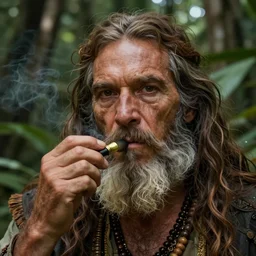 a beautiful portrait of chief dan george taking tobacco snuff in the jungle, hyper realistic face, fantasy art, in the style of greg rutkowski, intricate, hyper detailed, smooth