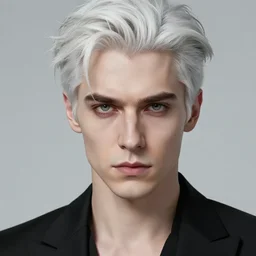 portrait of 4 0 - year - old man with white hair with a pale complexion, pointed face and grey eyes, clear smooth face, no beard wearing black suit, haughty facial expression, hyper realistic face, beautiful eyes, character art, art by artgerm lau and wlop and and ilya kuvshinov and john singer sargent, hyperdetailed, cryengine, trending on artstation, digital art