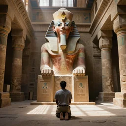 the man knelt before the colossal statue at the back of the great temple of amunabi. sunbeams streamed in through large windows near the ceiling. the room was vast and filled with ornate structures from long ago. shadows and limestone on the floor, bright ancient colors