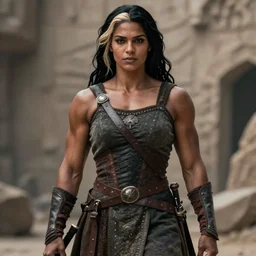 realistic photograph. black hair with bleached streak in hair over left ear. imposingly tall, broadshouldered, jacked muscular woman. half black half arab. dark skin. face like kendall jenner, dark complexion. modest practical medieval ranger clothing. fully dressed. massively jacked physique, swole. in her 3 0's. ranger. female. clothed