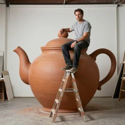 johnny vegas sitting on top of a ladder making a giant clay teapot, art school, studio, photorealistic