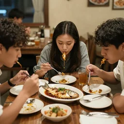 3 friends eating fish in a restaurant