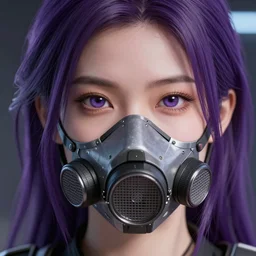 Close up portrait of a young Asian Cyberpunk woman with dark purple hair wearing a filter mask, hyperdetailed, artstation, cgsociety, 8k