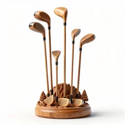 carved wooden golf club set, clean 3d render, octane render, isolated on a pure white background, centered, entire object in frame, sharp focus, soft studio lighting