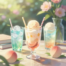 cold drinks, ice cream, peach embellishment, books and flowers, in the style of makoto shinkai, dreamy, soft, global illumination, radiant light, intricate environment, luminescence, highly detailed, 8 k