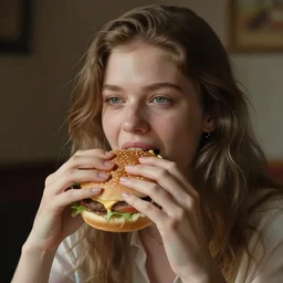 a girl eating a burger. Still from weathering with you.